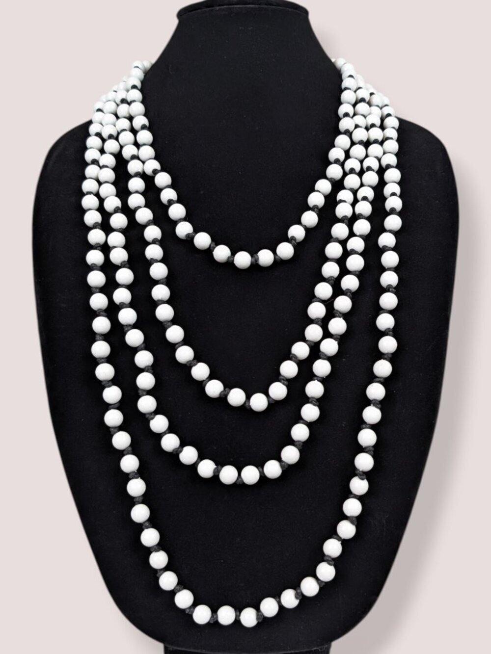 4-Strand White Bead Black Cord Statement Necklace